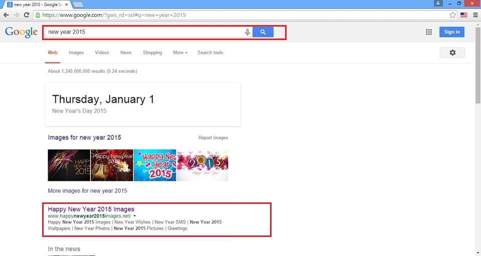 Historical Google results for New Year 2015 showing the event website ranking.